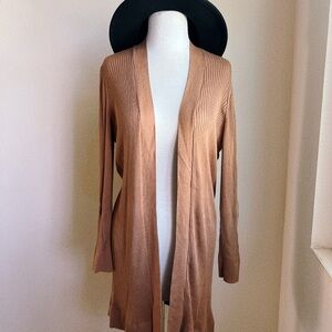LOFT Long Open-Front Ribbed Cardigan - Camel Brown